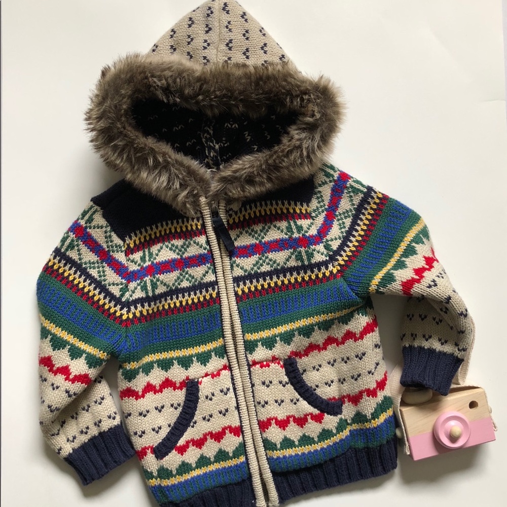 Hanna Andersson Knit Sweater Hoodie Faux Fur Hood